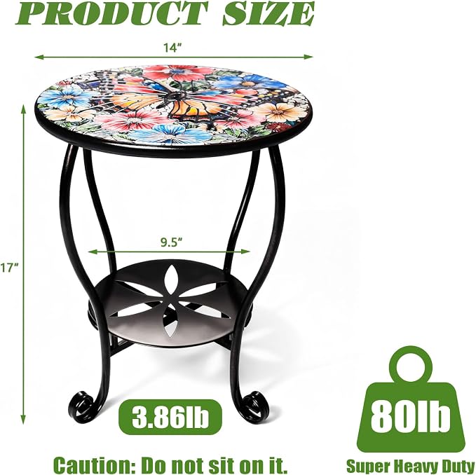 Outdoor Side Table Mosaic Patio Small End Table Metal Coffee Tea Accent Table for Patio Living Room Bedroom Yard Porch Garden (Colourful Butterflies)
