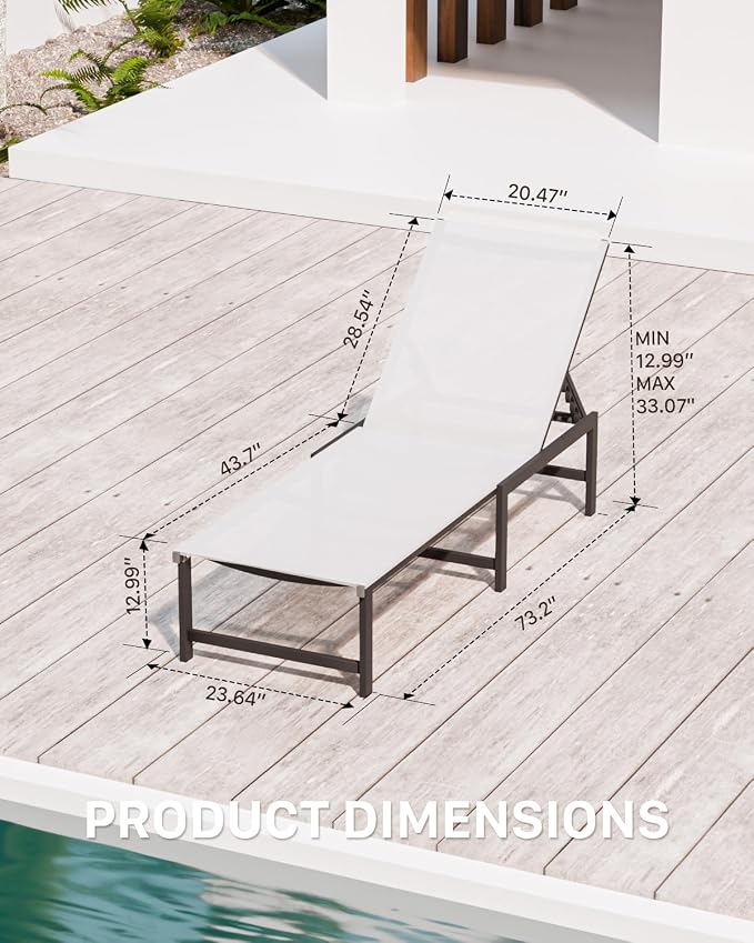 Patio Lounge Chair, Aluminum, 5 Adjustable Backrest, 1 Piece,White | Lightweight rustproof aluminum.5 adjustable backrest positions.Breathable quick-dry fabric.For poolside,beach,lawn,backyard.