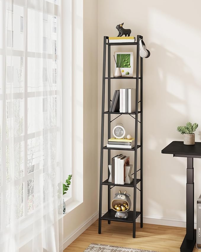 Ladder Shelf, Bookshelf Bookcase, Freestanding Corner Storage Shelve with 2 Hooks for Home Office, Living Room, Kitchen, Bedroom, Industrial, 11.8" D x 13.4" W x 72.8" H, Black BC13304B