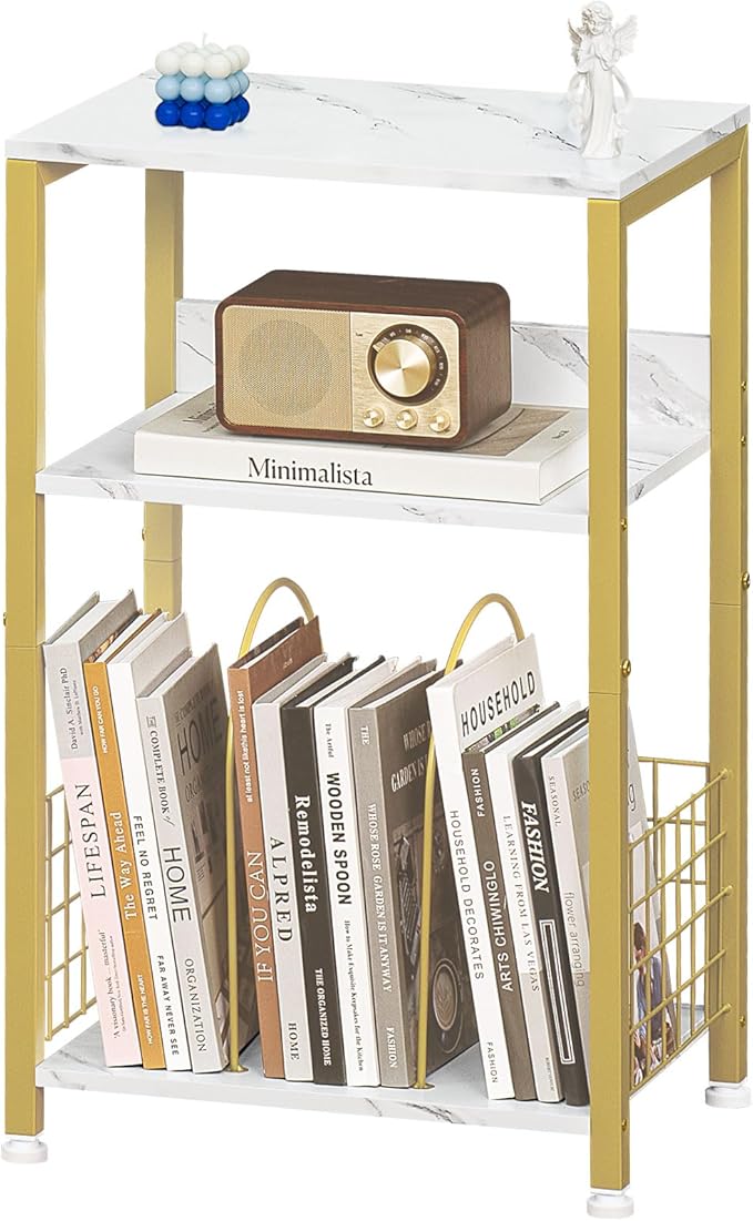 LELELINKY Side Table,White Marble Night Stand with Golden Metal Frame,3 Tier Industrial Wooden Record Player Stand with Vinyl Storage Shelf ,End Tables for Living Room Bedroom Small Spaces