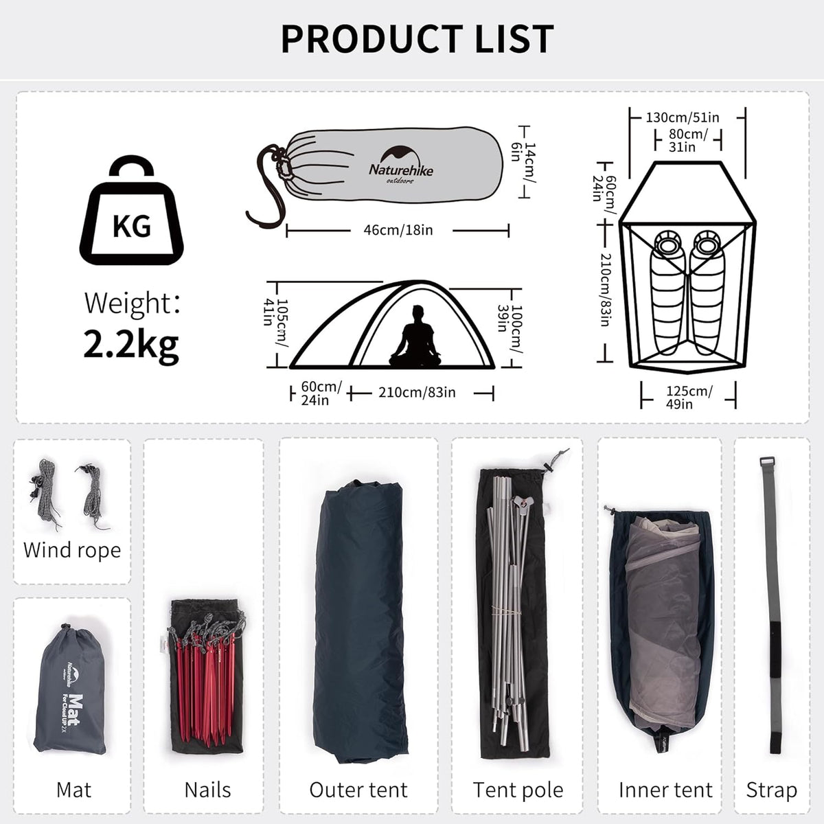 Naturehike Cloud-Up 3 Person Lightweight Backpacking Tent with Footprint - 3 Season Free Standing Dome Camping Hiking Waterproof Backpack Tents
