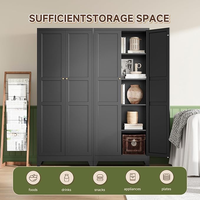 Letaya 75" H Metal Storage Cabinet with 2 Doors and 4 Shelves,Tall Kitchen Pantry Cabinets,Farmhouse Utility Pantry Organizers for Cupboard/Dining/Bathroom/Home Office/Garage Room,Black