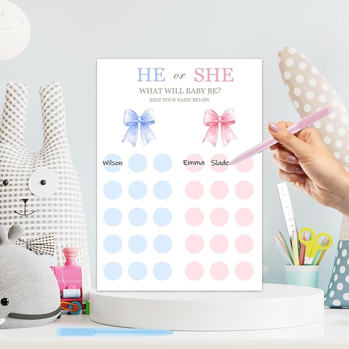 Gender Reveal Party Games, Pink Blue Bow Theme Baby Gender Reveal Voting Board Sign, Boy or Girl Voting with Two Pens, He or She, Baby Gender Reveal Party Decorations Games for Boy or Girl Shower