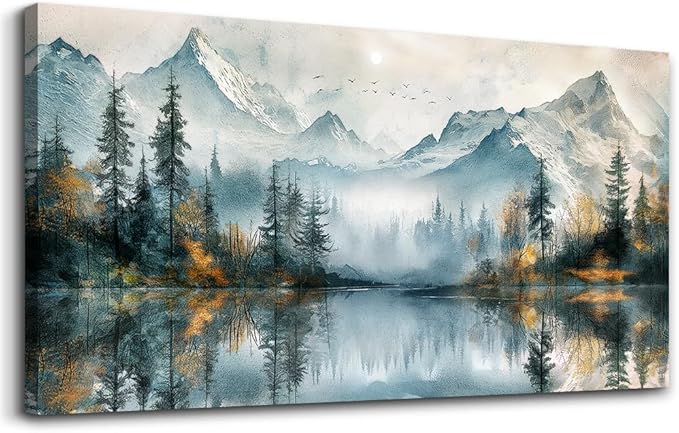 MHARTK66 Canvas Wall Art For Bedroom Framed Decorations For Living Room Modern Office Wall Decor Lake View Painting Forest Tree Landscape Wall Pictures Canvas Artworks Ready To Hang Home Decor