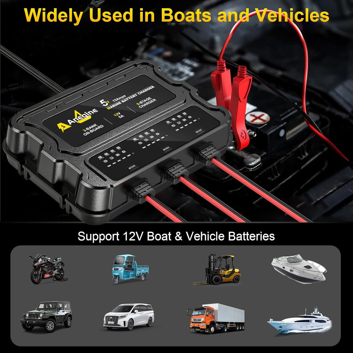 3 Bank Marine Battery Charger - 12V (5A/Bank) Waterproof LCD Onboard Charger with Overcharge Protection & Temperature Compensation for Lead-Acid, AGM, EFB, LiFePO4, Lithium | Ideal for Boat, Car, RV