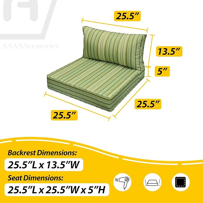 AAAAAcessories Outdoor Seat Cushions for Chairs, Fade-Resistant, Waterproof Patio Furniture Replacement Cushions, 25.5" x 25.5" x 5" + 25.5" x 13.5", Mossy Forest Stripe