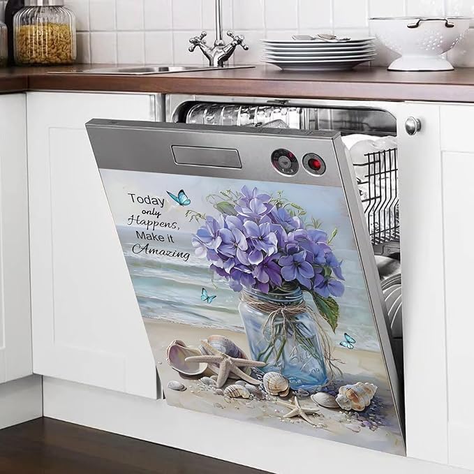 Generic Vase Flowers Dishwasher Magnet Cover, Spring Summer Floral Butterfly Stickers Kitchen Decor, Beach View Starfish Shells Inspiring Quotes Home Appliances Magnetic Panel Decals 23x26