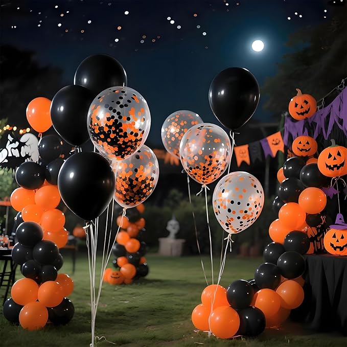 Patimate Black Orange Halloween Balloons Set, 50 pcs 12 inch Orange Black Confetti Latex Balloons Kit for Halloween Baby Shower Spooky Birthday Graduation Motorcycle Party Decorations
