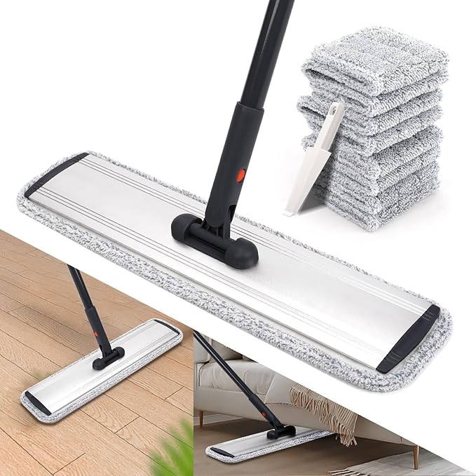 24in Flat Mop for Cleaning Floors, Heavy-Duty Microfiber Wet Mop with Easy Wringing & Deep Cleaning, Includes 4 Reusable Mop Cloths and Adjustable Long Handle