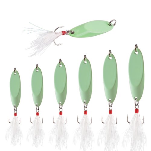 Fishing Spoon Lures Luminous Casting Metal Fishing Jigs Baits Glow Fish Tackle with Treble Hooks Spinning Lure for Saltwater Freshwater Trout Bass Salmon （10G-6PCS）