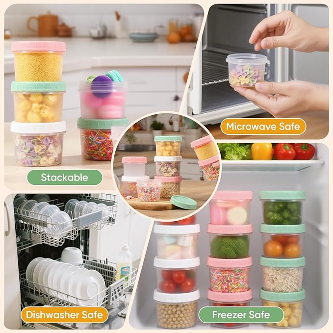 ASEVAT 4oz 6Pack Small Food Containers with Lids Salad Dressing Container Reuseable Snack Container Plastic Jar Freezer Storage Jars, Leakproof/Microwave/Dishwasher Safe