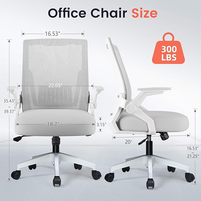 GTPLAYER Ergonomic Office Chair with Flip-up Armrests Executive Computer Chair for Home Office, Breathable Mesh & Comfy Lumbar Support, Wide Seat Gray