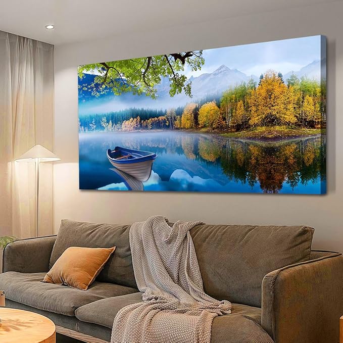 Arjun Landscape Wall Art for Living Room Lake Canvas Blue Picture Bedroom, Summer Nature Boat Artwork Modern Nature Painting Framed Large Home Office Dining Room Wall Decor 48"x24"