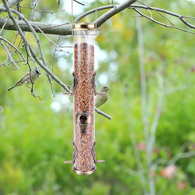 MIXXIDEA 1PK Metal Wild Bird Feeder,Squirrel Proof Bird Feeders for Outside,Hanging 6 Port Tube Bird Feeder Transparent Finch Bird Feeder for Attracting Birds in Your Lawn, Garden, Balcony-Bronze