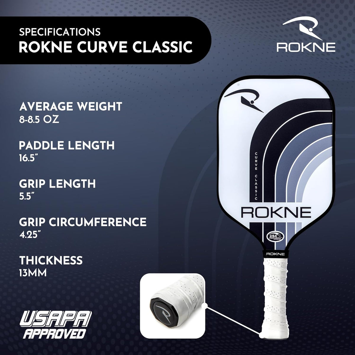 ROKNE Curve Classic Pickleball Paddle - USAPA Approved Fiberglass Design | Precision Engineering & Comfort | ProGrit Texture for Maximum Spin & Power