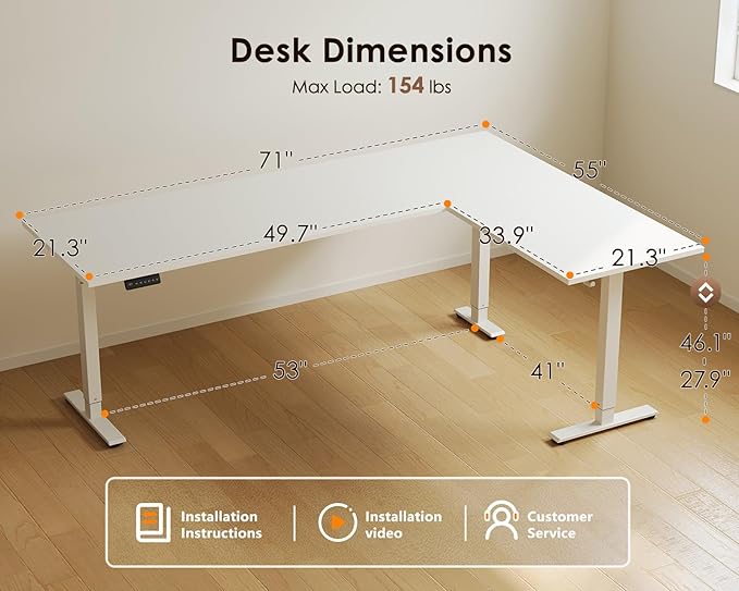 OffiGo 71 Inch Reversible L Shaped Electric Standing Desk, Height Adjustable Corner Stand up Desk, Ergonomic Large Lift Computer Table for Home, Office, Workstation, White
