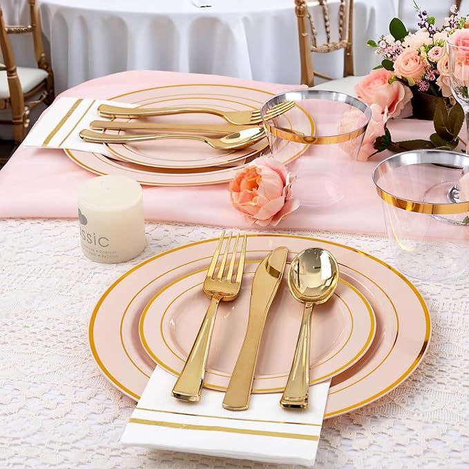 GATHER 350PCS Pink Plastic Plates - Disposable Plastic Dinnerware Set Include 100 Pink Plates, 150 Silverware, 50 Napkins, 50 Cups for Party & Wedding
