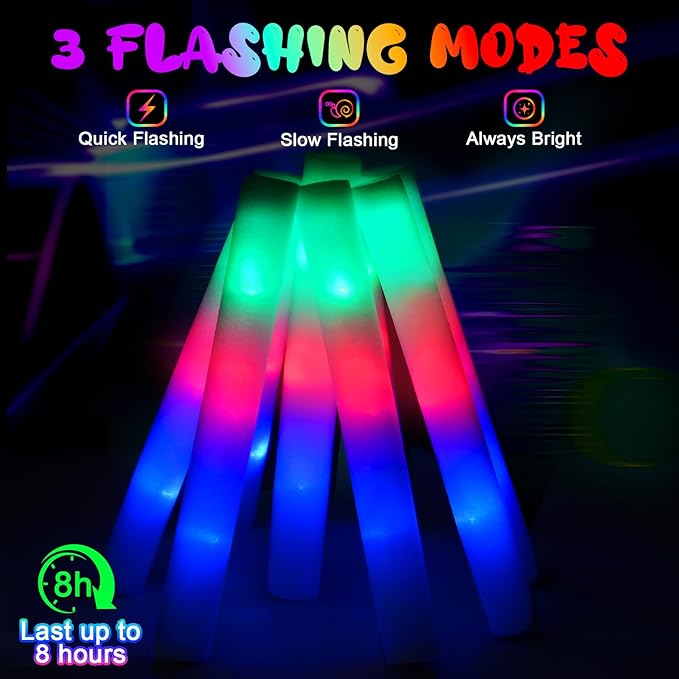44 PCS Foam Glow Sticks with 3 Modes Colorful Flashing, Foam Light Up Sticks, LED Light Sticks, Glow Sticks Party Pack for New Year, Wedding, Raves, Concert, Christmas