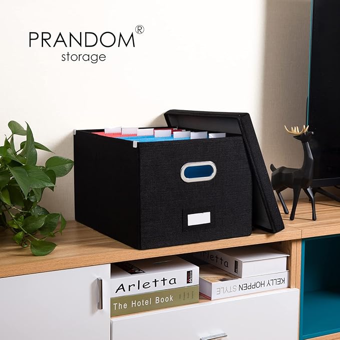 PRANDOM File Organizer Box - Set of 1 Collapsible Decorative Linen Filing Storage Hanging File Folders with Lids Office Cabinet Letter/Legal Size Black (17x14x11.2 inch)