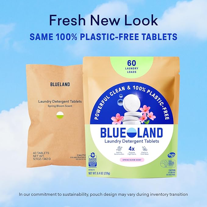 BLUELAND Laundry Detergent Tablets, Starter Set, Spring Bloom Scent, 60 Count with Tin, Plastic-Free Eco-Friendly Pods, Sheets, Liquid Alternative - Natural, Gentle