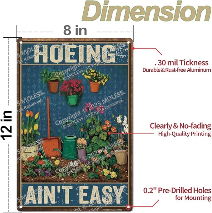Funny Garden Sign – Hoeing Ain’t Easy | 12x8″ Vintage Metal Sign for Outdoor Garden Decor - Comical Gardening Gift for Women & Plant Lovers, 2485