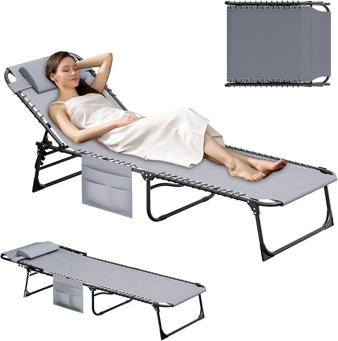 EBE Outdoor Lounge Chair Set of 2, Portable Patio Sun Tanning Chairs with 4-Position Reclining Back, Pool Chaise Lounge Chair with Detachable Pillow and Side Pocket for Beach, Poolside, Grey