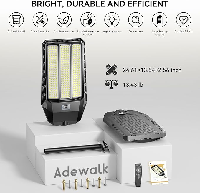 Solar Street Light Outdoor 8000W - LED Parking Lot Lights, IP67 Waterproof, Dusk to Dawn, High Lumens Solar Lights Outdoor with Motion Sensor and Remote Control 2 Pack