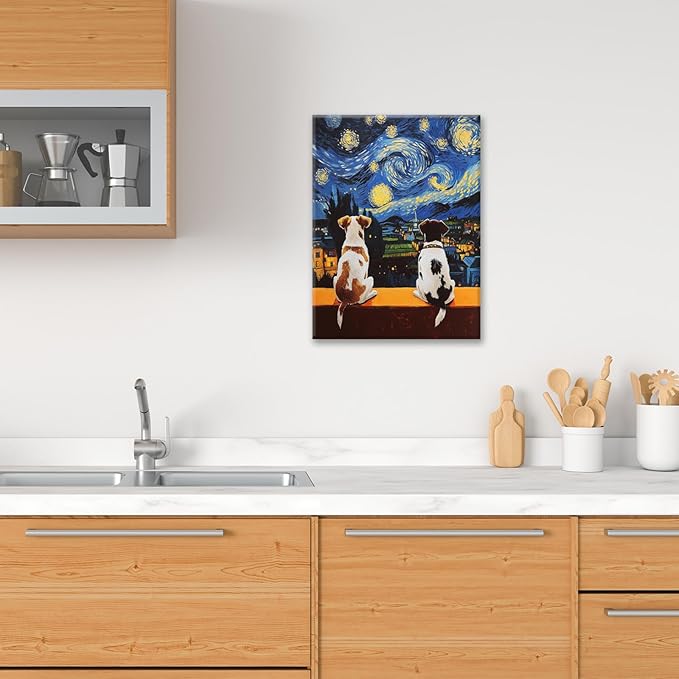 Dog Wall Art, Starry Night Dogs Pictures Wall Decor, Animal Canvas Prints Painting, Framed Artwork for Bathroom Living Room Bedroom Office Dining Room 20"X16"