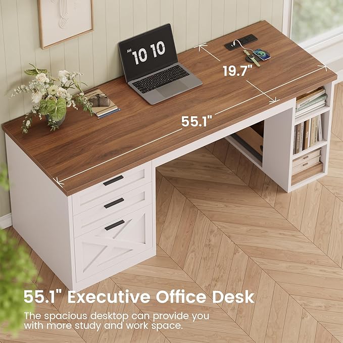 SEDETA 55.1" Farmhouse Office Desk with 3 Drawers, Executive Desk with File Drawer & Storage Shelves, Computer Desk with Power Outlet for Home Office, White and Brown