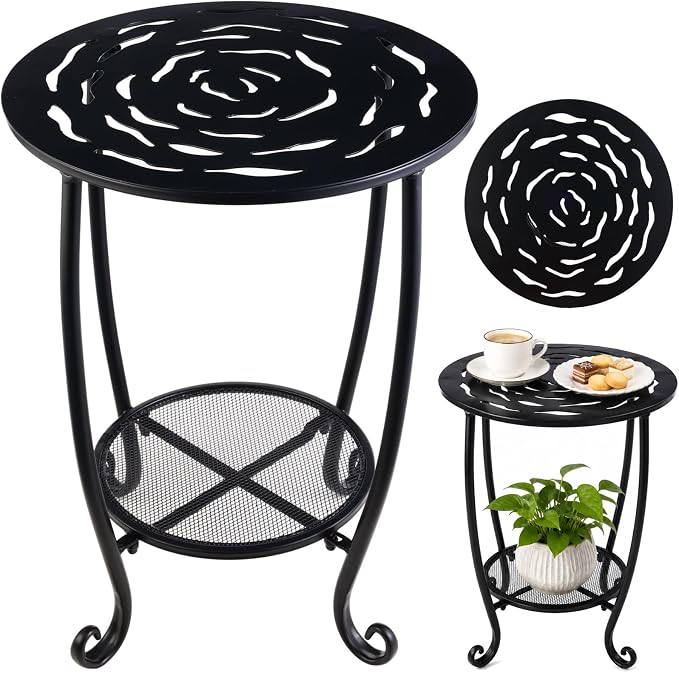 2-Tier Metal Round Side Table Black Accent Coffee Tables Small Space Corner Plant Stand Shelf for Indoor Outdoor Porch Patio Balcony Living Room End Table with Storage, Rust-Proof
