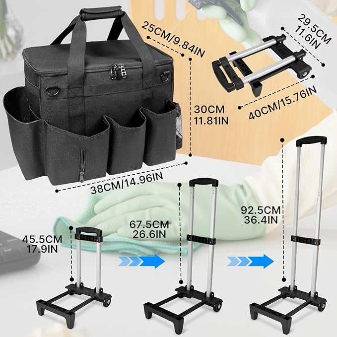LIWSHWZ Rolling Cleaning Caddy Bag with Detachable Trolley & Lid,for Cleaning Supplies Organizer,Portable Large Cleaning Bag with Wheels for Housekeepers,with Shoulder Strap and Thickened Trailer Leg