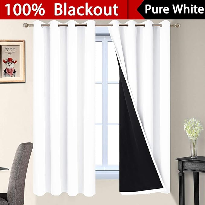 Yakamok White 100% Blackout Curtains, 2 Thick Layers Full Light Blocking