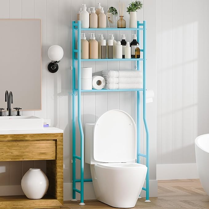 3-Tier Over Toilet Storage with Anti-Tilt Safety System - 150lb Total Capacity Metal Bathroom Shelves Including Paper Holder & 4 Hooks, Space Saving Above Commode Organizer (64" H, Blue)