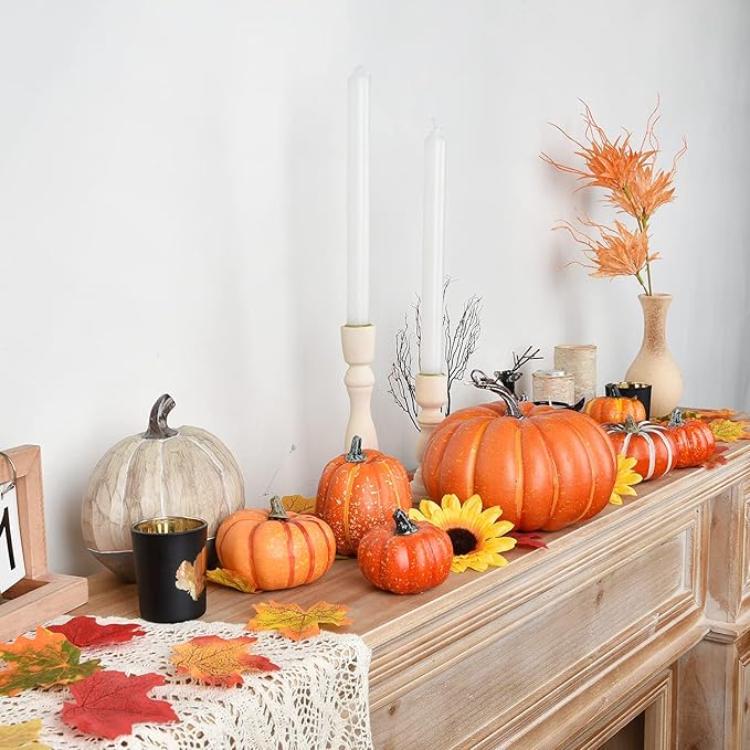 DearHouse 8Pcs Thanksgiving Artificial Pumpkins Home Decoration Sets and 50PCS Maple Leaves, Artificial Vegetables Pumpkins for Fall Harvest Decoration