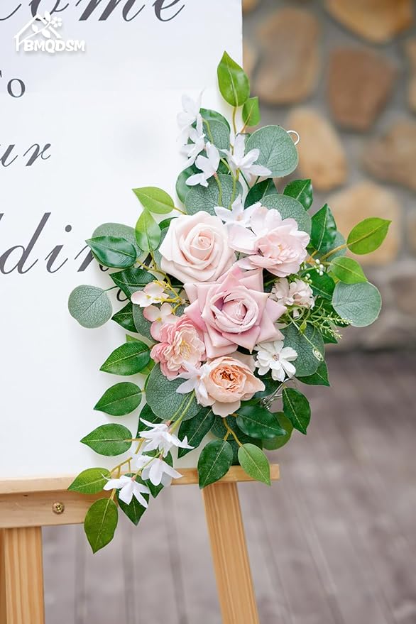 Faux Flowers Wedding Welcome Signs Floral(Pack of 2)，Wedding Arch Flowers for Decorations and Reception Backdrop Decoration (Pink)