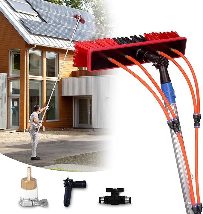 Water Fed Pole Kit Adjustable Solar Panel Cleaning Kit Cleaner Tool for Window Glass Roof Outdoor Glass Brush Window Washing Equipment (26FT)