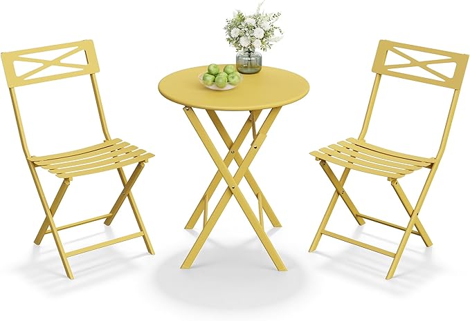 GarveeTech 3-Piece Folding Bistro Set, Heavy Duty Outdoor Patio Furniture with 2 Chairs & 1 Table, Weather-Resistant Steel Frame, No Assembly Required for Garden, Yard, Balcony,Yellow