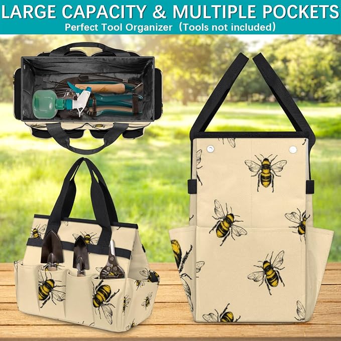 Garden Tool Tote Bag for Women Men Flying Animal Bee Gardening Tool Storage Bags with 10 Pockets Standable Garden Home Tool Kits Organizer for Indoor Outdoor Gardening Gifts