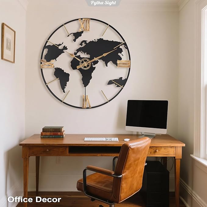 Pytha Sight 20 Inch Large Wall Clock, Modern Decorative Big World Map
