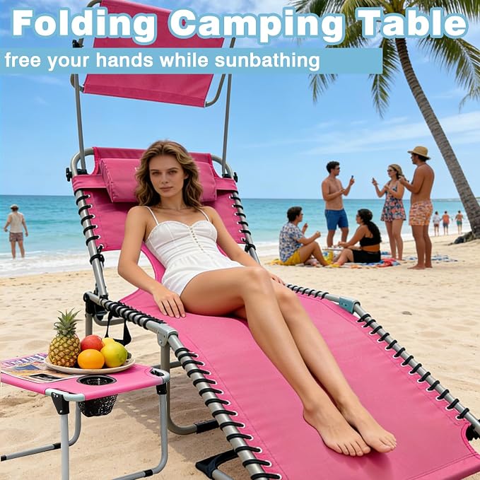 Outdoor Tanning Chair with Sun Canopy Shade & Face Hole, Folding Lounge Chair with Beach Table and Carry Bag for Poolside Sunbathing Lawn
