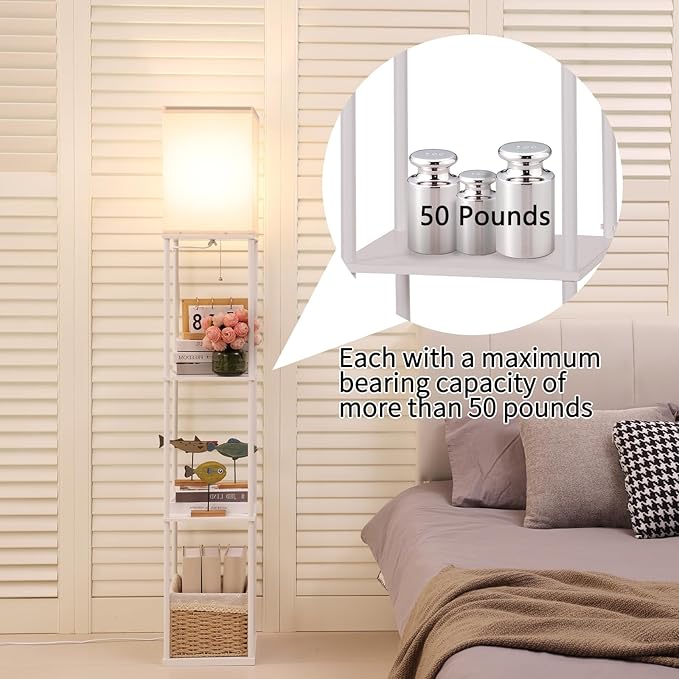 Floor Lamp with Shelves, 4 Layer Square Standing Lamp with 3 Color Temperature Bulb, Corner Display Bookshelf Lamp for Living Room, Bedroom and Office（White-2 Packs）