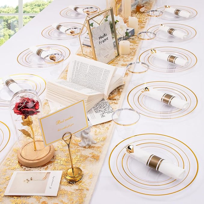 DaYammi 350PCS Clear Gold Plastic Dinnerware Set for 50 Guests, Christmas Plates Disposable, Include: 50 Dinner Plates, 50 Dessert Plates, 50 Pre Rolled Napkins with Gold Silverware, 50 Cups