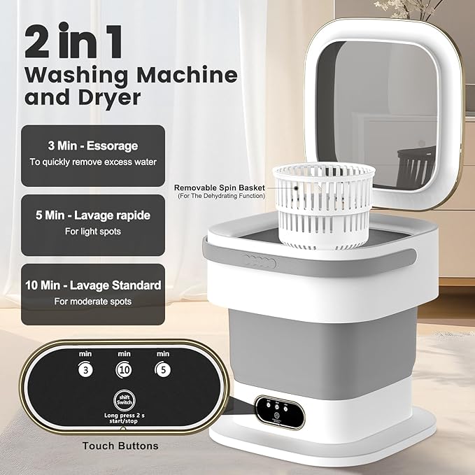 Portable Washing Machine, 15L Mini Washing Machine with Spin Basket & 3 Cleaning Modes for Small Clothes,Foldable Mini Washer for Apartments, Dorms, Camping (Gray)