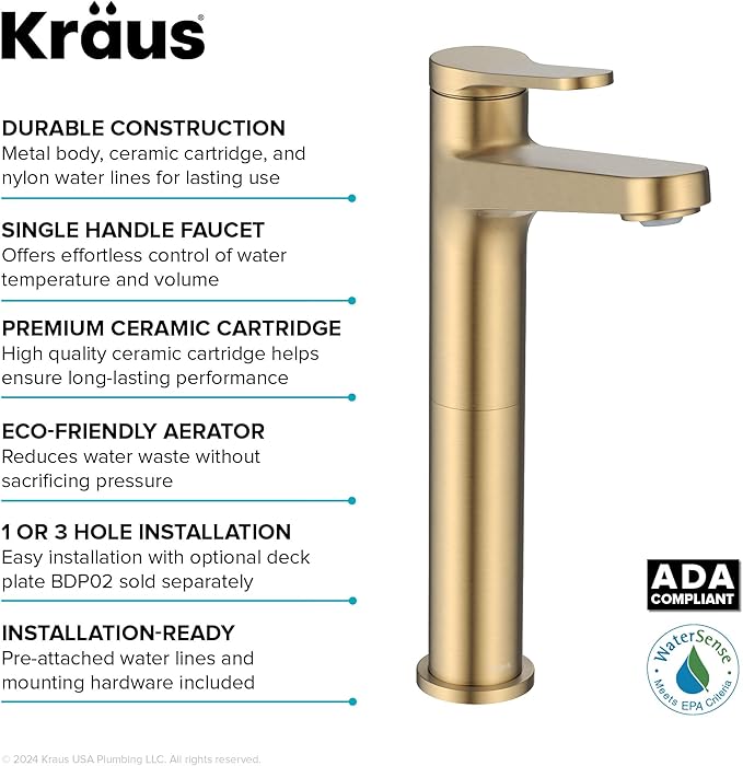 KRAUS Indy Bathroom Faucet for Vessel Sink in Spot-Free Brushed Brass with Single Handle, Pop Up Drain and Supply Lines, KVF-1410SFBB