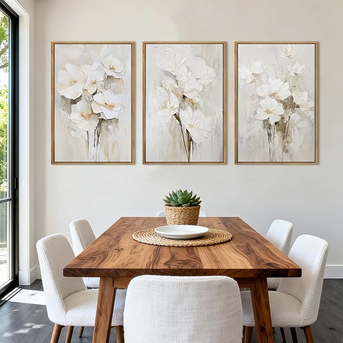 Anyzal Framed Neutral Beige Floral Wall Art Large 16x24 Inch White Cream Flower Canvas Wall Decor Modern Botanical Farmhouse Painting for Living Room Bedroom Dining Room Set of 3