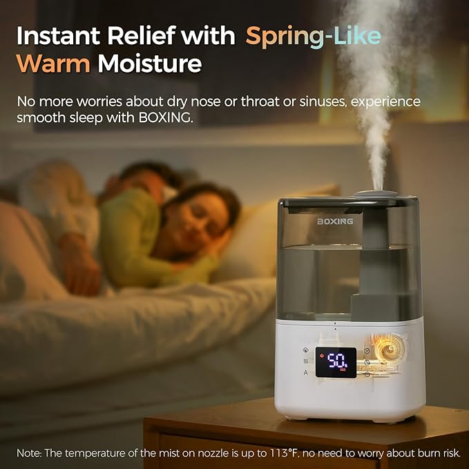 BOXING Warm and Cool Mist Humidifiers for Bedroom Large Room Home, Air Humidifier with Remote, Top Fill Ultrasonic Diffuser Humidifier with humidistat,Quiet Sleep Bedside Nightstand,Timer,Filter,4.5L
