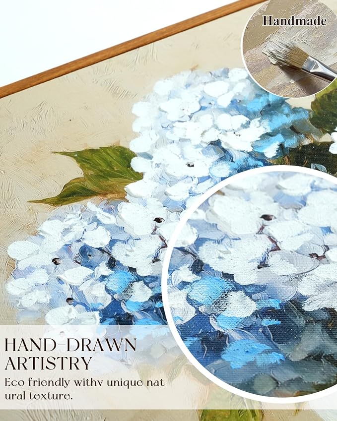 InSimSea Framed Canvas Art Hand-Painted Vintage Blue Hydrangea Art,16x24inch, Textured Floral Paintings Artwork Wall Decor for Living Dining Room Hallway, Classical Still Life Farmhouse Picture