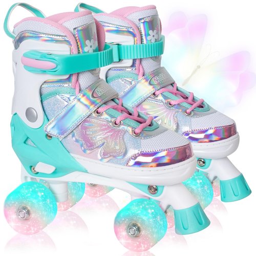 Nattork Kids Roller Skates for Girls Boys - Teal for Toddlers Age 3 4 5 - Adjustable All Light up Wheels Butterfly and Flower Indoor Outdoor Sports Birthday Gift for Son and Grandson, X-Small(7C-9C)