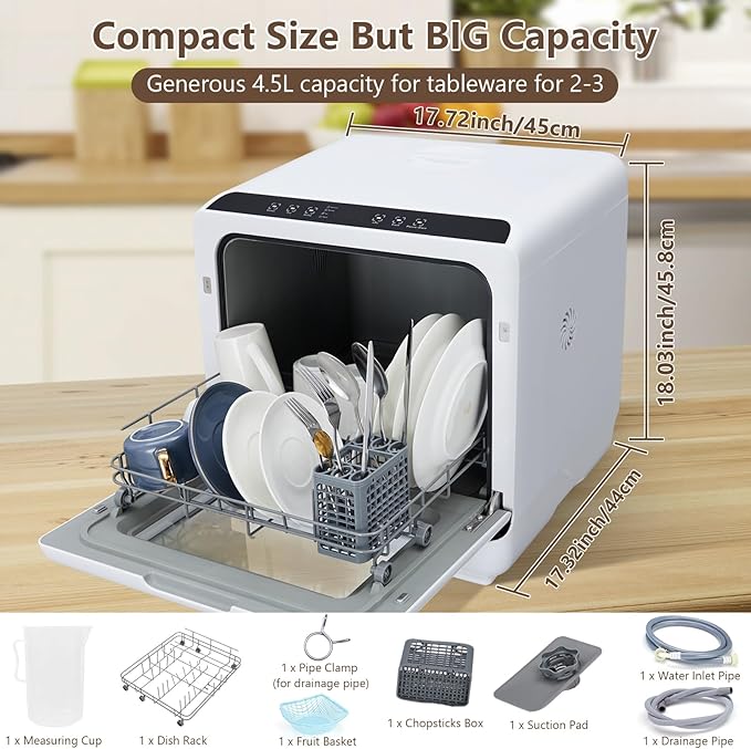 Countertop Dishwasher, Portable Dishwashers with 4.5L Built-in Water Tank, 5 Washing Programs & Air-Drying Function, 360° Dual Spray Arm, Mini Dish Washer for Apartments RVs, White