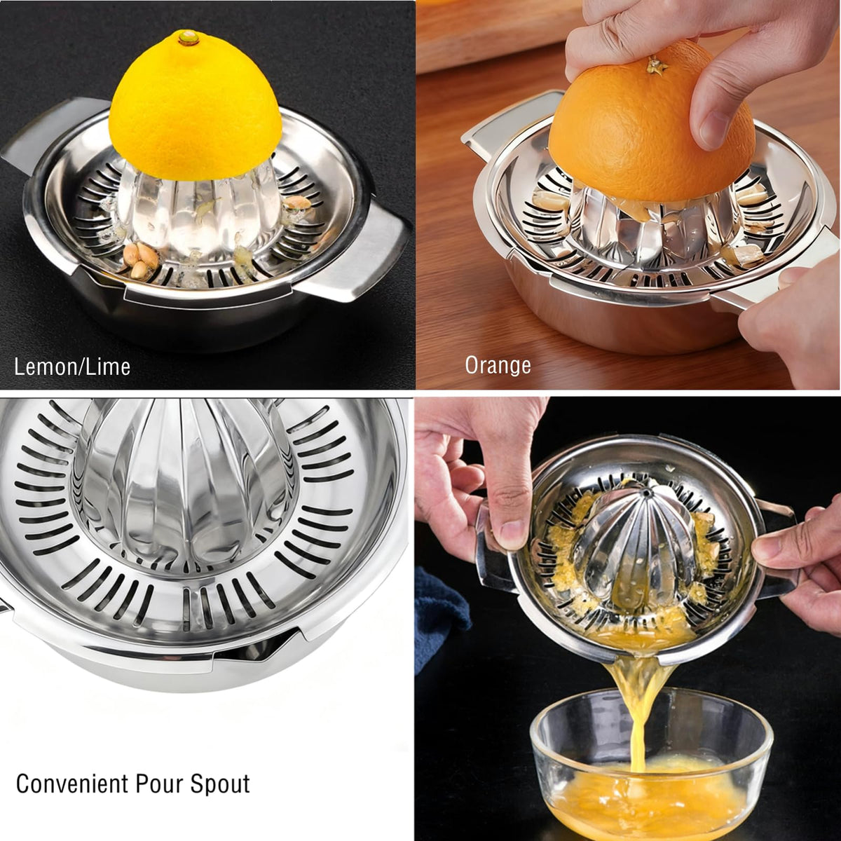 Citrus Lemon Orange Grapefruit Juicer Manual Squeezer 304 Stainless Steel Robust Hand Juicer Reamer Rotation Press with Strainer＆10oz Bowl, 2 Pour Spouts, Dishwasher Safe, Easy to Clean, Heavy Duty